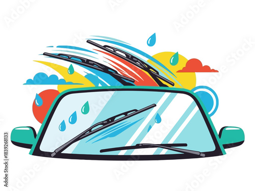 A dynamic illustration of a car windshield being cleaned by wipers during heavy rain.