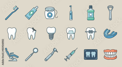 Flat line icons set illustrating comprehensive dental care, hygiene, treatments, and clinic equipment.