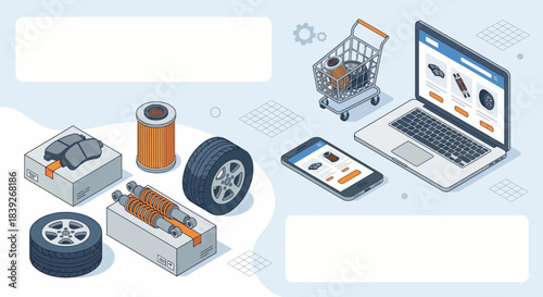 Isometric illustration of automotive spare parts shopping online using a laptop and phone.