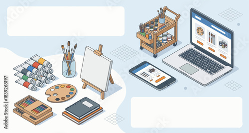 Art supplies and e-commerce concept featuring paints, easel, brushes, and digital devices.