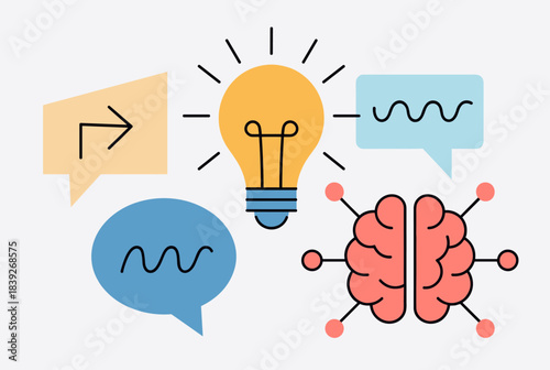Illustration of a glowing light bulb, brain, and speech bubbles representing ideas, communication, and thought processes.