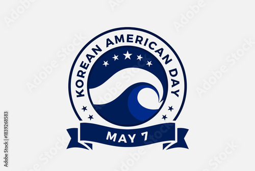 A blue and white circular logo for Korean American Day on May 7th with stars and a wave design.
