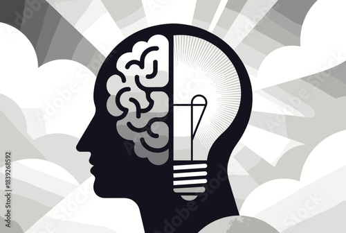 A black and white illustration depicting a human head in profile, with one half showing a brain and the other a glowing light bulb, symbolizing ideas and intelligence.