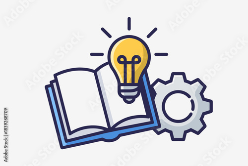 Illustration depicting the synergy of learning, innovation, and practical application through a book, light bulb, and gear.