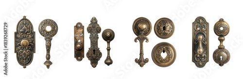 Collection of antique ornate brass door hardware escutcheons and knobs isolated on transparent background