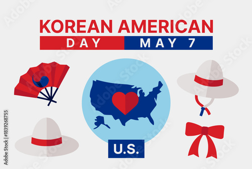 Illustration celebrating Korean American Day on May 7th, featuring cultural symbols and a map of the United States with a heart.