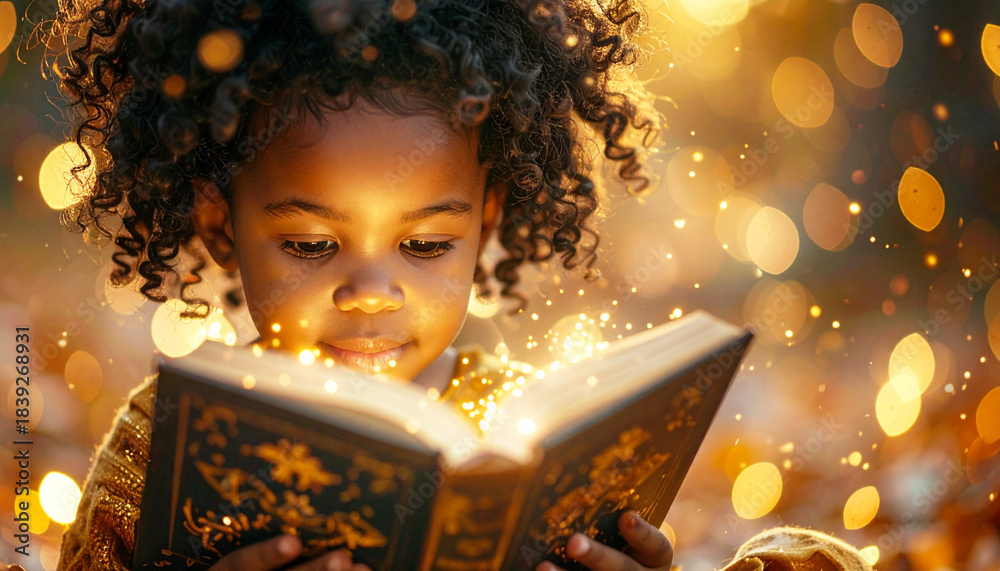 Fototapeta premium Little girl reading a magical story, bokeh and glitter. AI
