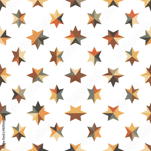 A charming geometric star pattern background, featuring an endless array of eight-pointed shapes in warm autumn and earthy color segments, perfect for repetitive decorative design