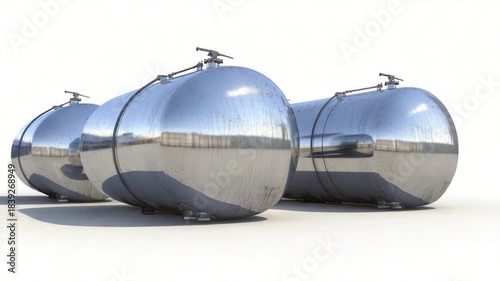 Three shiny, metallic, oval-shaped storage tanks on a white background