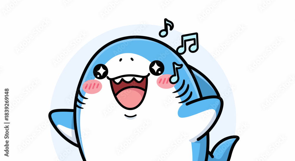 Fototapeta premium Cute cartoon shark singing with musical notes illustration.