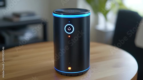 Cylindrical black smart device with blue light ring