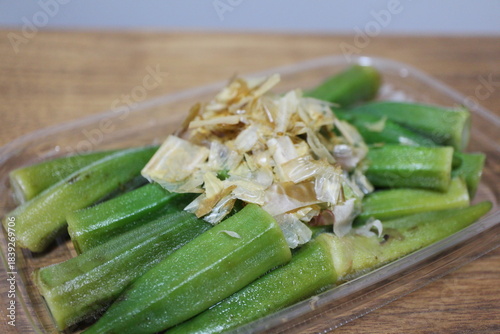 Okra ohitashi (boiled okra) purchased at a supermarket in Tokyo, Japan