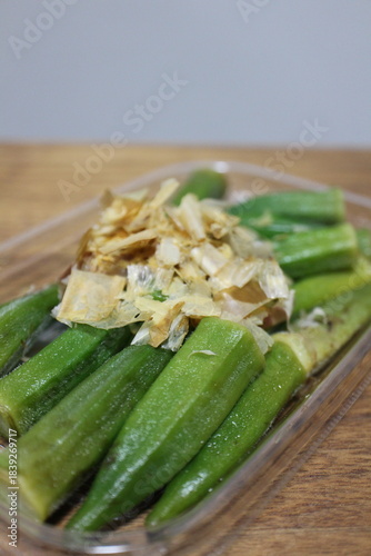 Okra ohitashi (boiled okra) purchased at a supermarket in Tokyo, Japan