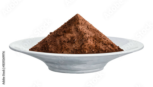 Watercolor illustration of a white bowl overflowing with a mound of dark brown, earthy material