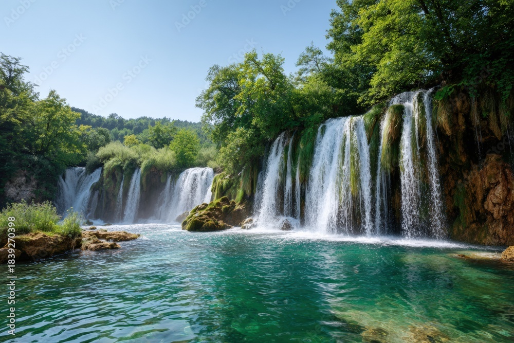 Obraz premium Lush green paradise with cascading waterfalls and clear blue waters