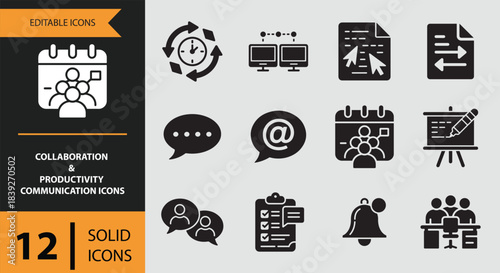12 Collaboration and Productivity Communication Icons solid icon set. Collaboration productivity and communication solid icons set