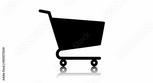 A black silhouette of a shopping cart icon with a subtle reflection on a white background, representing online shopping or retail.