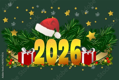 Composition with and number and Santa hat for New Year