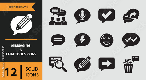 12 Messaging and Chat Tools Icons solid icon set. Messaging and chat tools solid icons collection