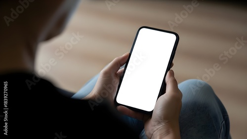 Woman holding blank smartphone screen mockup in casual setting