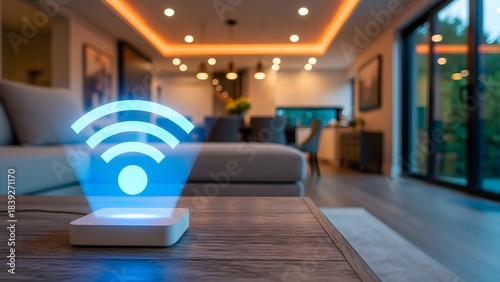 Close-up of a glowing WiFi router on a wooden coffee table in a modern living room with a blurred background and warm lighting.