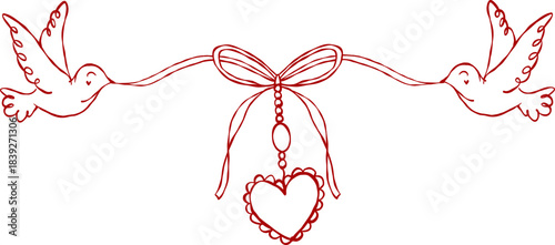 Whimsical Hand Drawn Dove Flying with Pink Heart Rocket and Ribbon Illustration