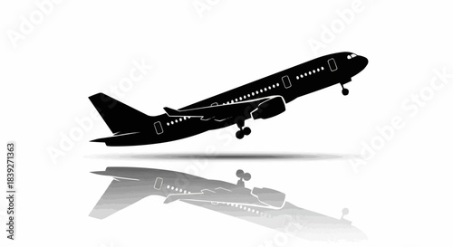 A black silhouette of a passenger airplane taking off with a reflection on a white background.