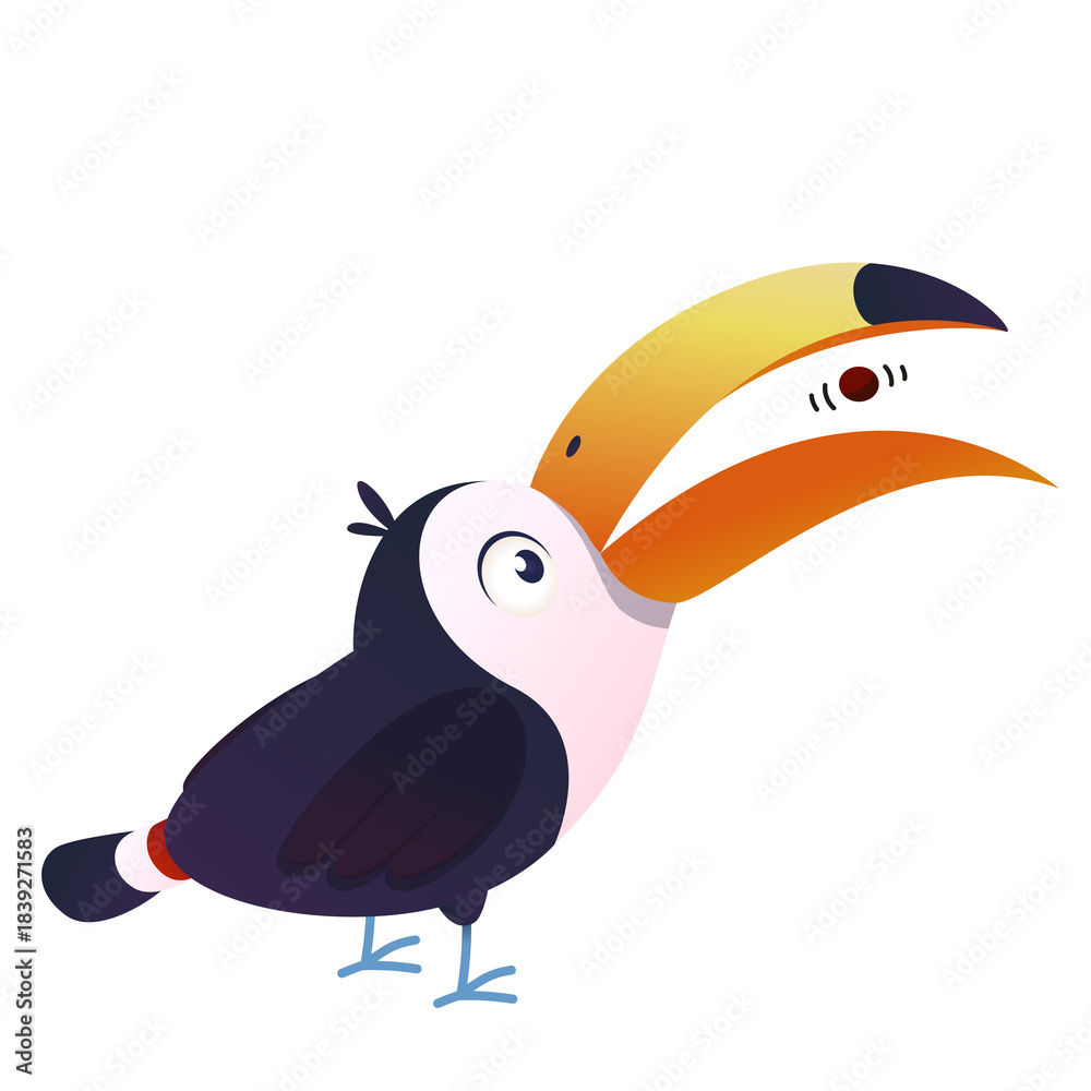 Obraz premium Illustration of a toucan bird eating a berry. Cartoon style. A friendly bird with a cute appearance.