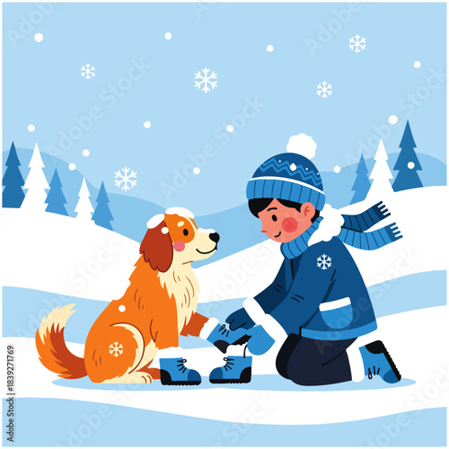 A boy in winter clothes kneels in the snow, putting blue boots on his happy dog's paws amidst falling snowflakes and pine trees.