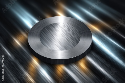 A shiny brushed metal disc rests on a glossy, streaked surface with blue and gold reflections, creating a modern, high-tech and industrial visual ideal for technology backgrounds.