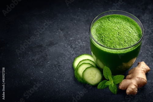 Healthy green detox juice made with fresh cucumber, ginger, and mint served in a glass, offering a vibrant and refreshing mood on a dark textured background perfect for wellness themes.