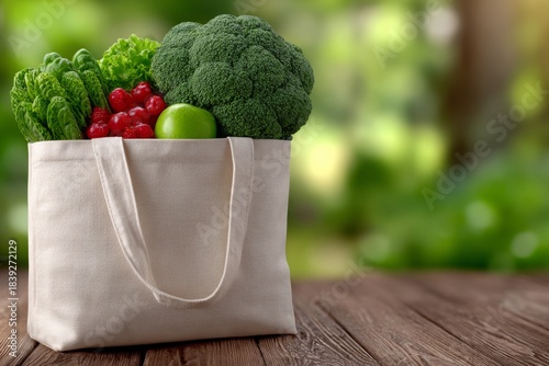 Eco-friendly reusable tote bag overflowing with green vegetables and apple on a rustic wooden table, set against a vibrant, blurred outdoor background ideal for healthy lifestyle themes.