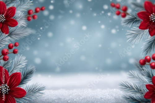 Elegant winter-themed border featuring red poinsettias, berries, and frosted pine branches on a soft blue snowy background, perfect for holiday designs and seasonal greetings.