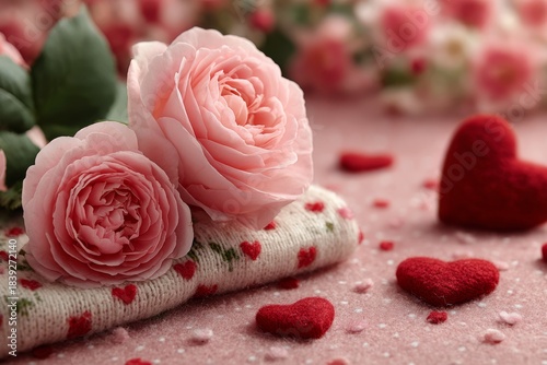 Delicate pink roses and felt red hearts rest on a knitted, heart-patterned fabric, creating a romantic and cozy mood perfect for Valentine's Day or love-themed occasions.