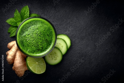 Healthy green detox juice with cucumber, lime, ginger, and mint is served on a dark textured background, ideal for wellness, diet, or refreshment concepts.