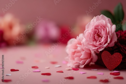 Soft pink peonies and a glittery red heart sit surrounded by heart-shaped confetti, creating a romantic and cheerful vibe on a pastel background perfect for celebrating love.