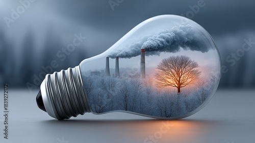 A surreal image of a light bulb containing a winter forest, factory smokestacks, and a glowing tree, symbolizing environmental issues and pollution in cool blue tones.