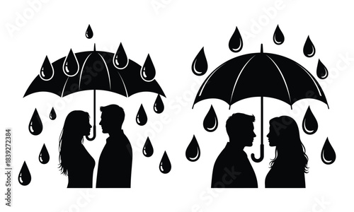 Silhouettes of loving couple sharing umbrella in rain, vector illustration