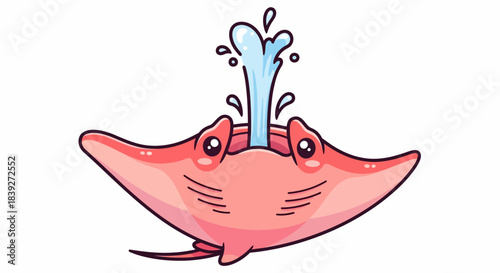 Cute Cartoon Stingray Spouting Water Isolated on White Background.
