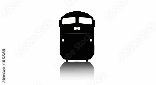 Minimalist black silhouette of a train locomotive front view with reflection on a white background.