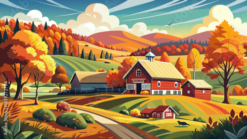 Very beautiful autumn farm landscape in Vermont, with brilliant fall trees, rustic barns, and golden meadows forming a picturesque seasonal countryside scene.