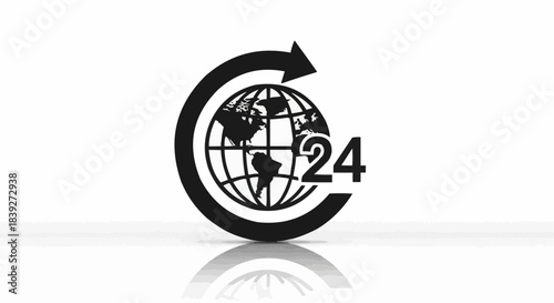 Black globe icon with a circular arrow and the number 24, symbolizing global 24/7 service or worldwide support.
