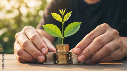 Financial growth and investment concept with hands holding coins and plant
