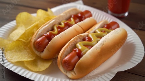 Hotdogs with mustard and ketchup, potato chips on a paper plate, mp4 video. AI