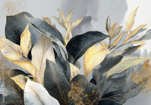 Elegant botanical art with grey and golden leaves against a watercolor backdrop, evokes sophistication and nature