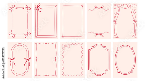 Rectangular frames with bows and ribbons in coquette, retro and nostalgic styles