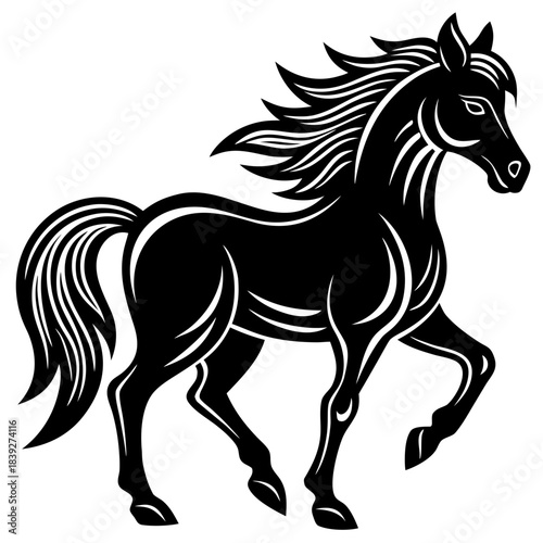 Elegant black horse silhouette with flowing mane and tail