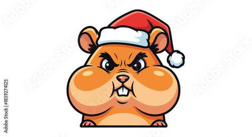 Angry cartoon hamster with full cheeks wearing a Christmas Santa hat.