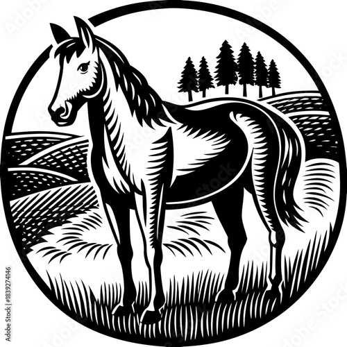 Horse standing in a field with trees and hills