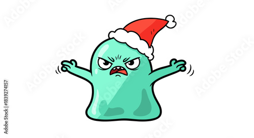 Angry Green Blob Monster Wearing a Santa Hat.
